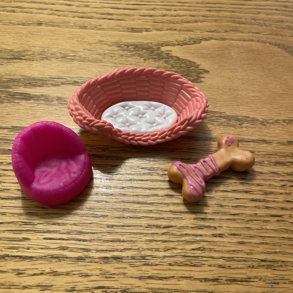 Barbie Doll Diorama Pink Small Pet Dog Bed, Chair, Bed‎ And Bone